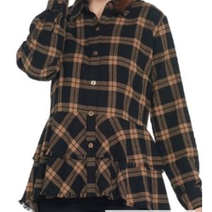 Hi-Low Double Tiered Peplum Plaid  Flannel Top 20W